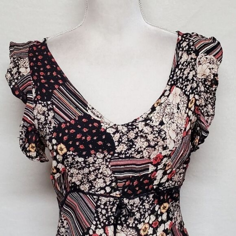 90s Vintage Her Style Floral Striped Faux Patchwork Butterfly Sleeve Midi Dress - Picture 5 of 16
